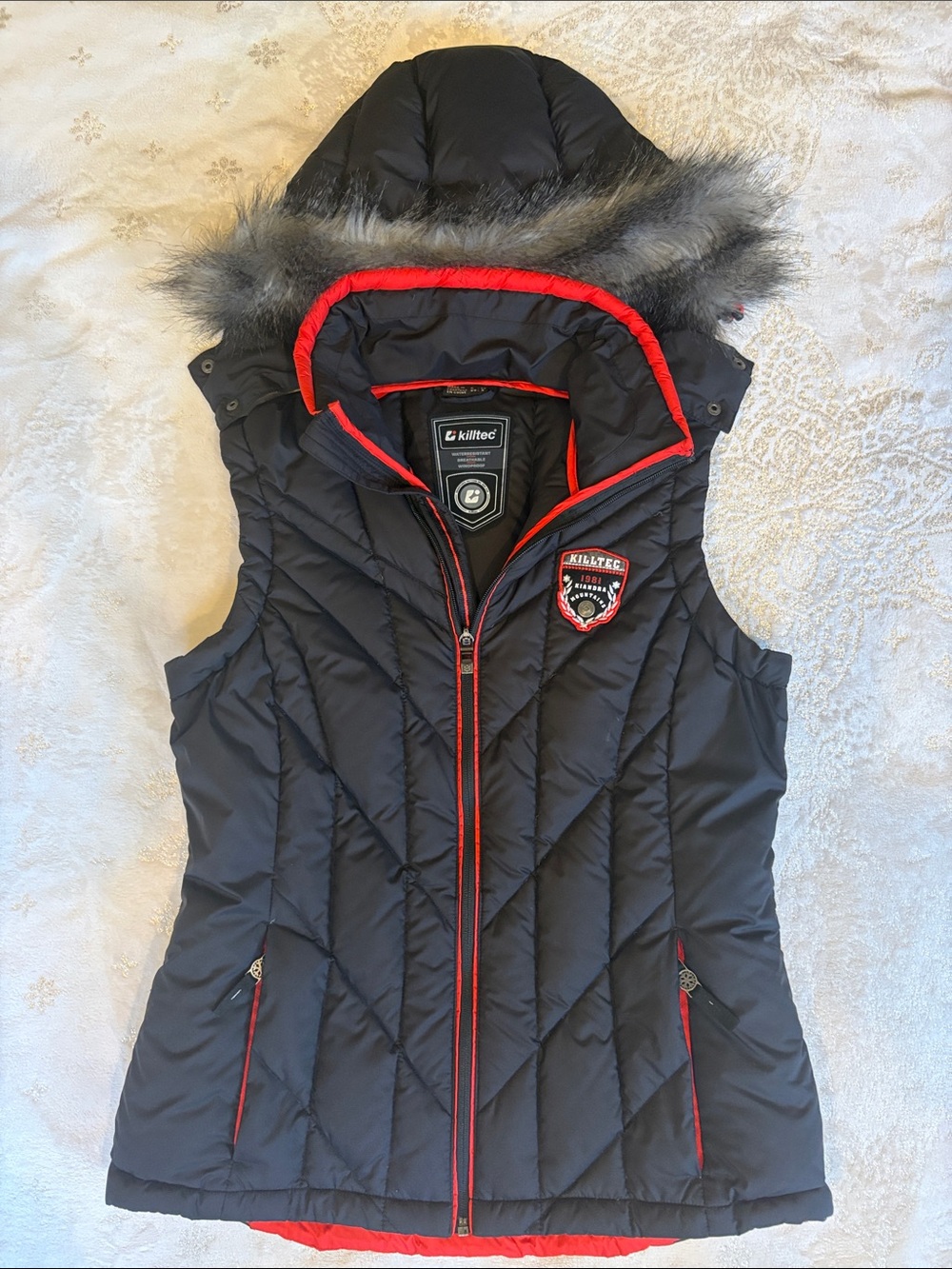 Killtec Black Quilted Hooded Vest with Red Trim and Faux Fur